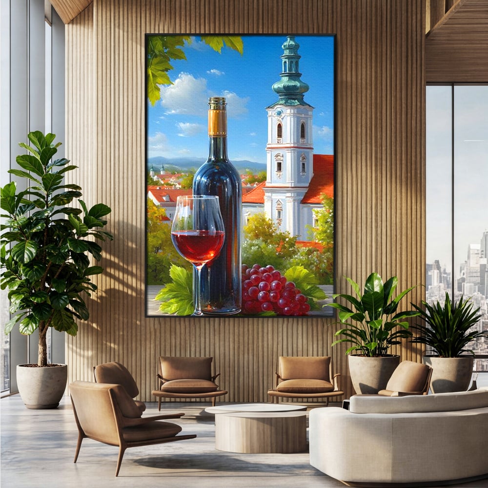 Tablou canvas cu pictura cu sticla de vin si manastire, in rama de aluminiu negru, pe perete intr-un birou